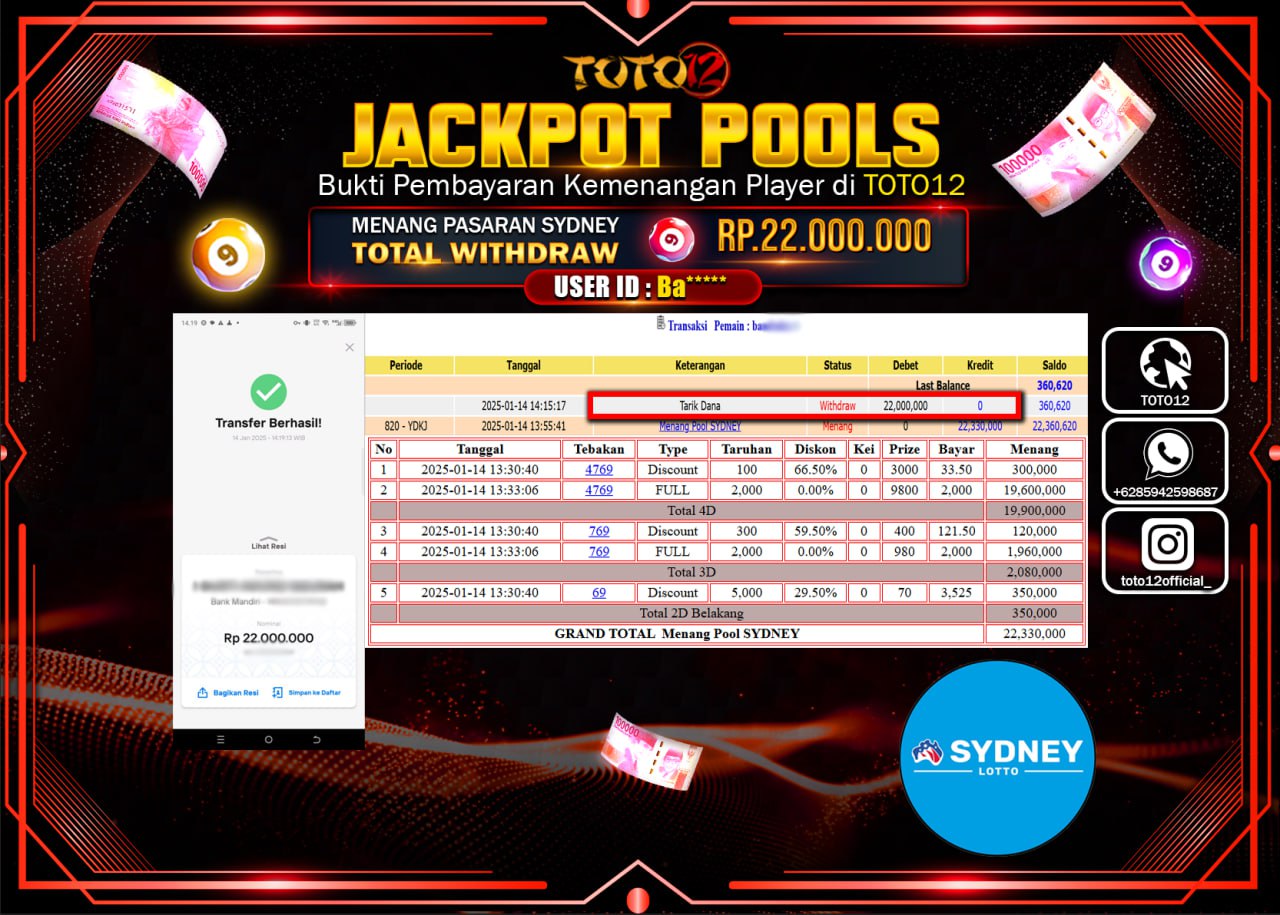 HANYA DI TOTO12 JP PASTI DI BAYAR LUNAS DAN CEPAT!!!!!! JACKPOT POOLS PASARAN (SYDNEY) Rp.22.000.000 !!!!
