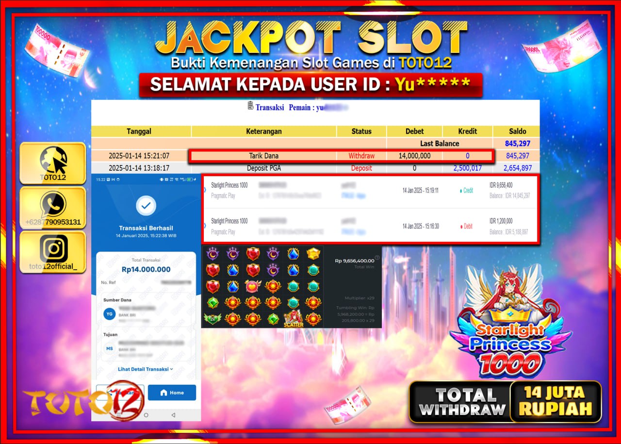 HANYA DI TOTO12 JP PASTI DI BAYAR LUNAS DAN CEPAT!!!!!! JACKPOT SLOT GAME (STARLIGHT PRINCESS 1000) Rp.14.000.000 !!!!