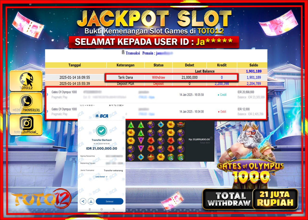 HANYA DI TOTO12 JP PASTI DI BAYAR LUNAS DAN CEPAT!!!!!! JACKPOT SLOT GAME (GATES OF OLYMPUS 1000) Rp.21.000.000 !!!!