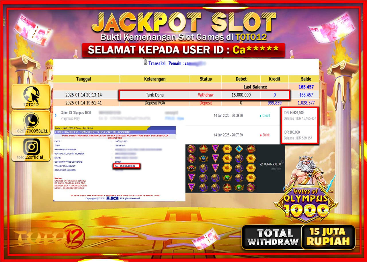 HANYA DI TOTO12 JP PASTI DI BAYAR LUNAS DAN CEPAT!!!!!! JACKPOT SLOT GAME (GATES OF OLYMPUS 1000) Rp.15.000.000 !!!!
