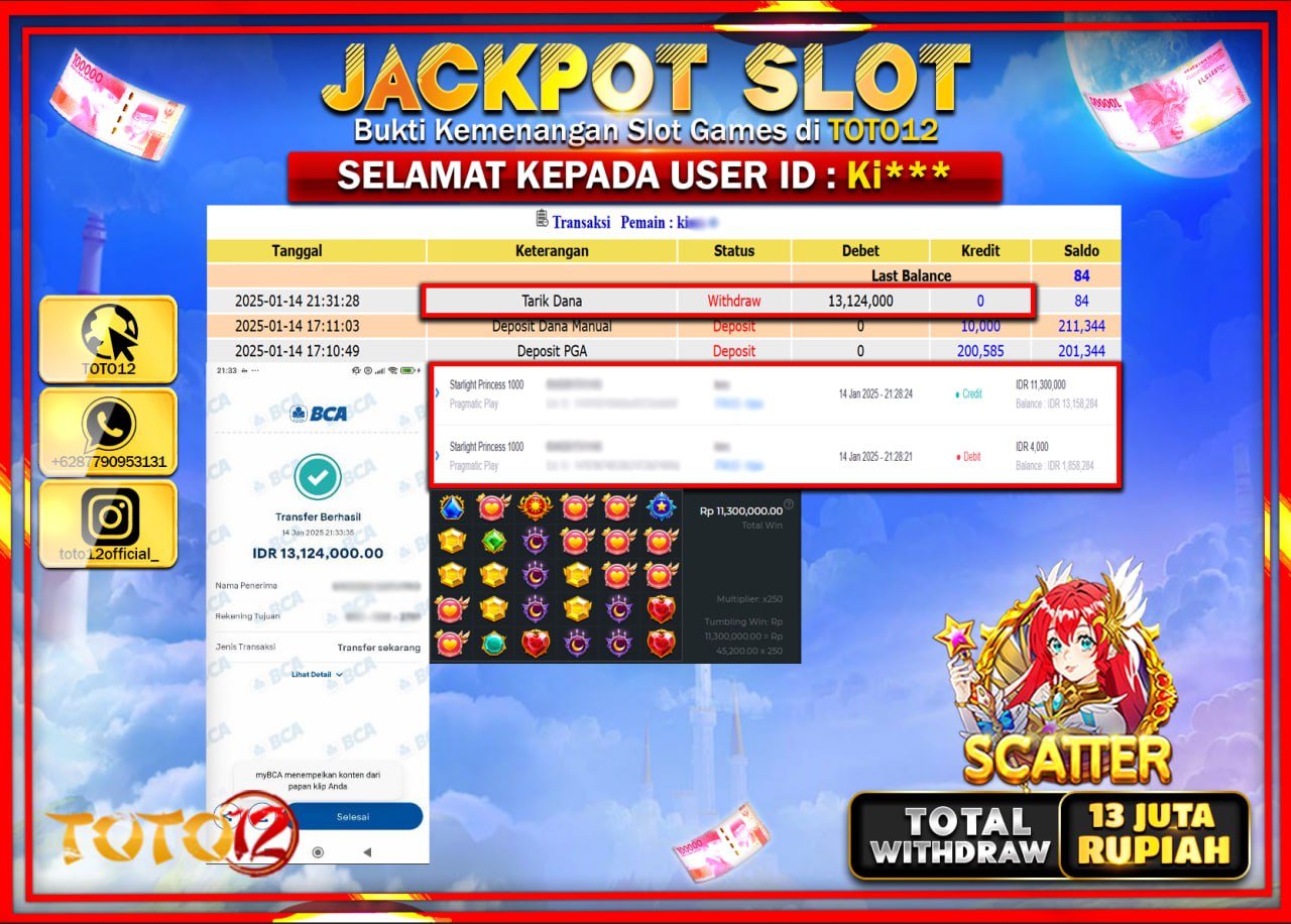 HANYA DI TOTO12 JP PASTI DI BAYAR LUNAS DAN CEPAT!!!!!! JACKPOT SLOT GAME (STARLIGHT PRINCESS 1000) Rp.13.000.000 !!!!