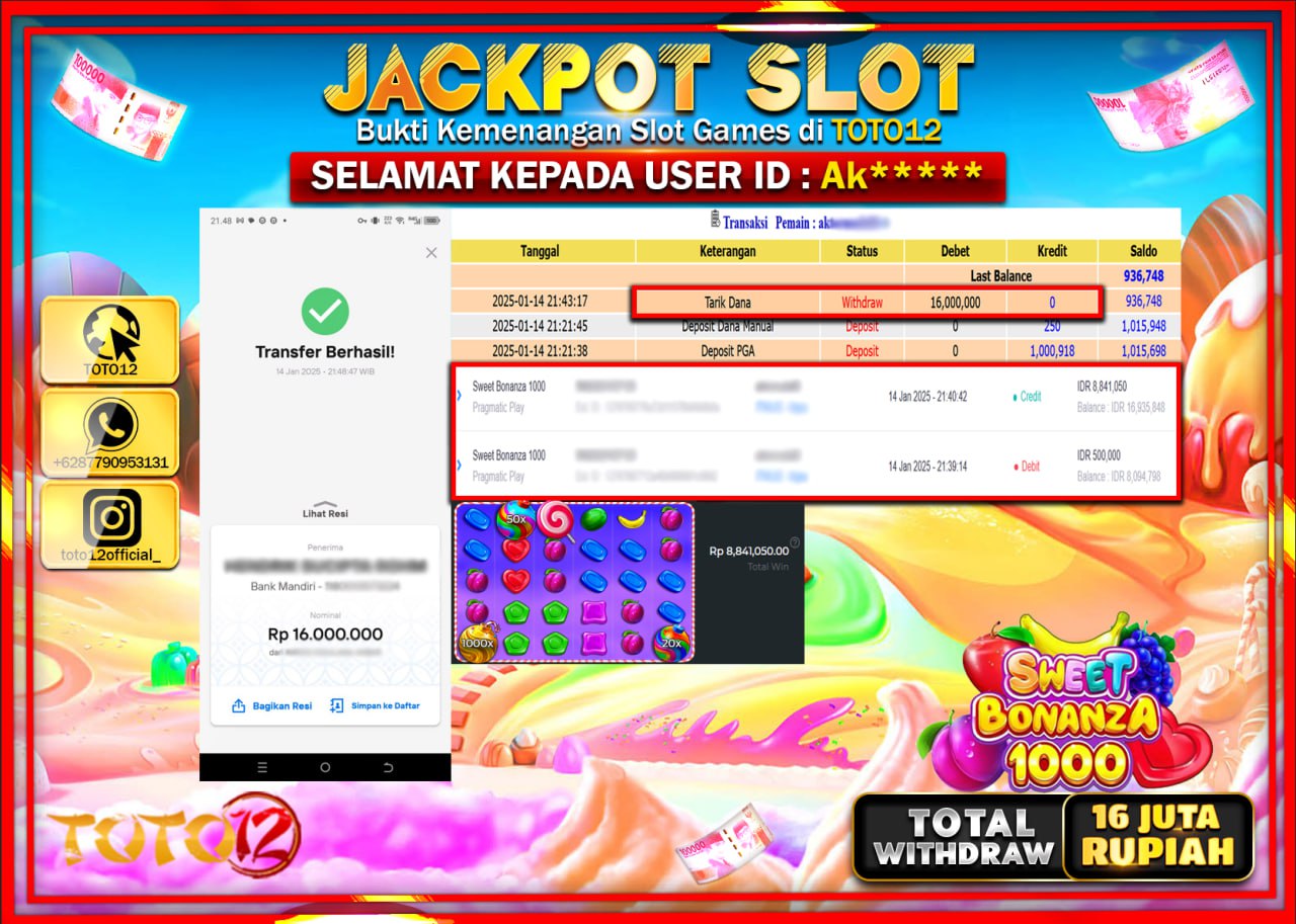 HANYA DI TOTO12 JP PASTI DI BAYAR LUNAS DAN CEPAT!!!!!! JACKPOT SLOT GAME (SWEET BONANZA 1000) Rp.16.000.000 !!!!