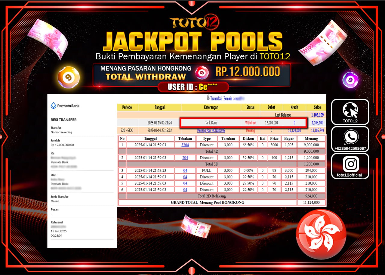 HANYA DI TOTO12 JP PASTI DI BAYAR LUNAS DAN CEPAT!!!!!! JACKPOT POOLS PASARAN (HONGKONG) Rp.12.000.000 !!!!