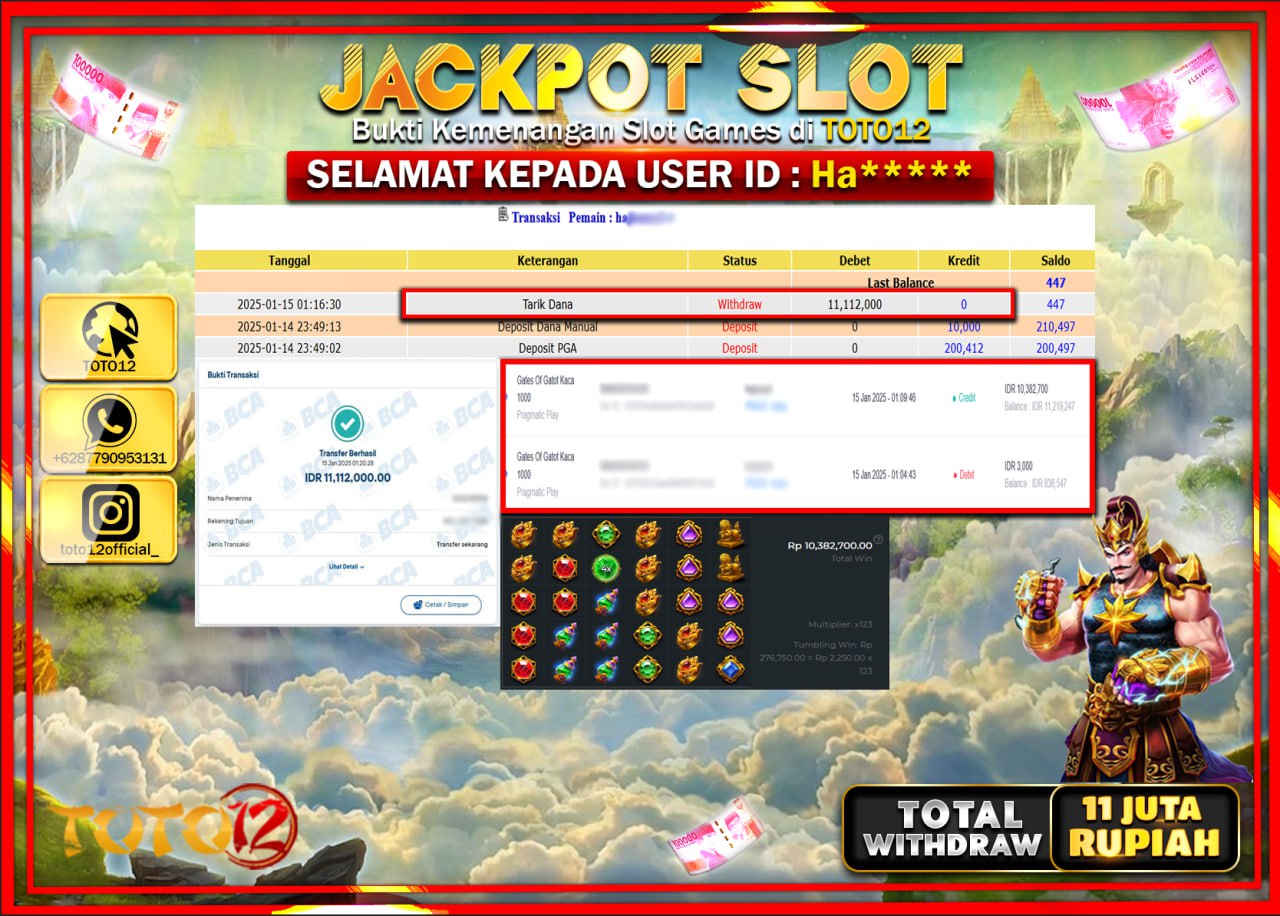 HANYA DI TOTO12 JP PASTI DI BAYAR LUNAS DAN CEPAT!!!!!! JACKPOT SLOT GAME (GATES OF GATOT KACA 1000) Rp.11.000.000 !!!!
