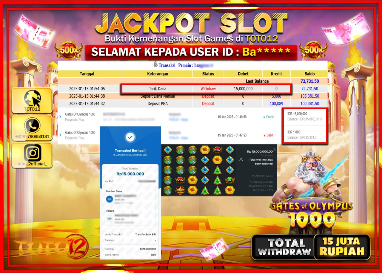 HANYA DI TOTO12 JP PASTI DI BAYAR LUNAS DAN CEPAT!!!!!! JACKPOT SLOT GAME (GATES OF OLYMPUS 1000) Rp.15.000.000 !!!!