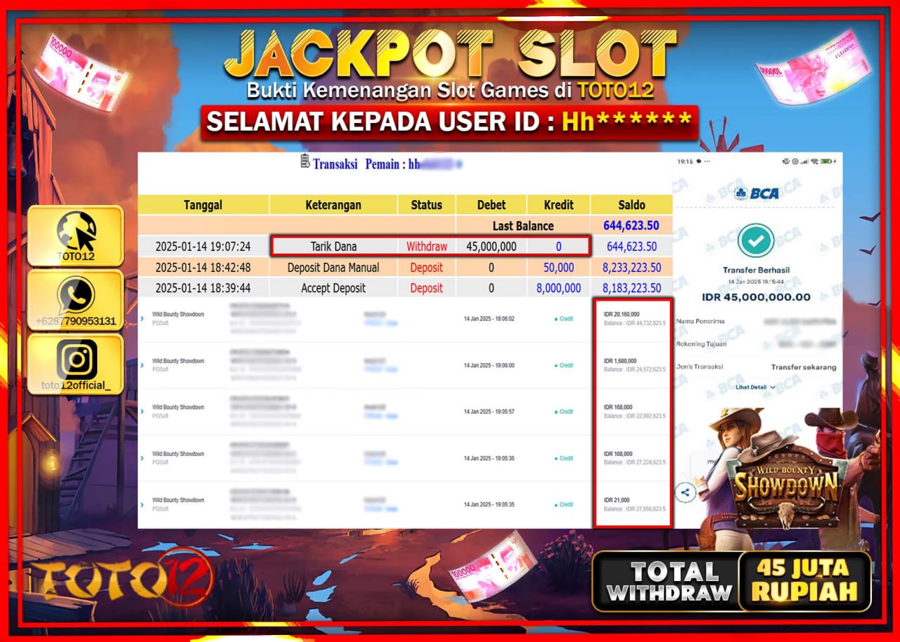 HANYA DI TOTO12 JP PASTI DI BAYAR LUNAS DAN CEPAT!!!!!! JACKPOT SLOT GAME (WILD BOUNTY SHOWDOWN) Rp.45.000.000 !!!!