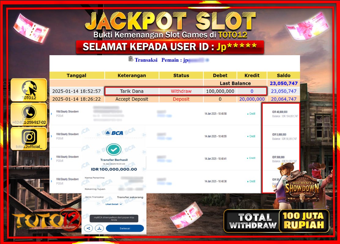 HANYA DI TOTO12 JP PASTI DI BAYAR LUNAS DAN CEPAT!!!!!! JACKPOT SLOT GAME (WILD BOUNTY SHOWDOWN) Rp.100.000.000 !!!!