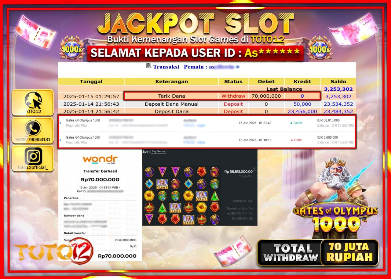 HANYA DI TOTO12 JP PASTI DI BAYAR LUNAS DAN CEPAT!!!!!! JACKPOT SLOT GAME (GATES OF OLYMPUS 1000) Rp.70.000.000 !!!!
