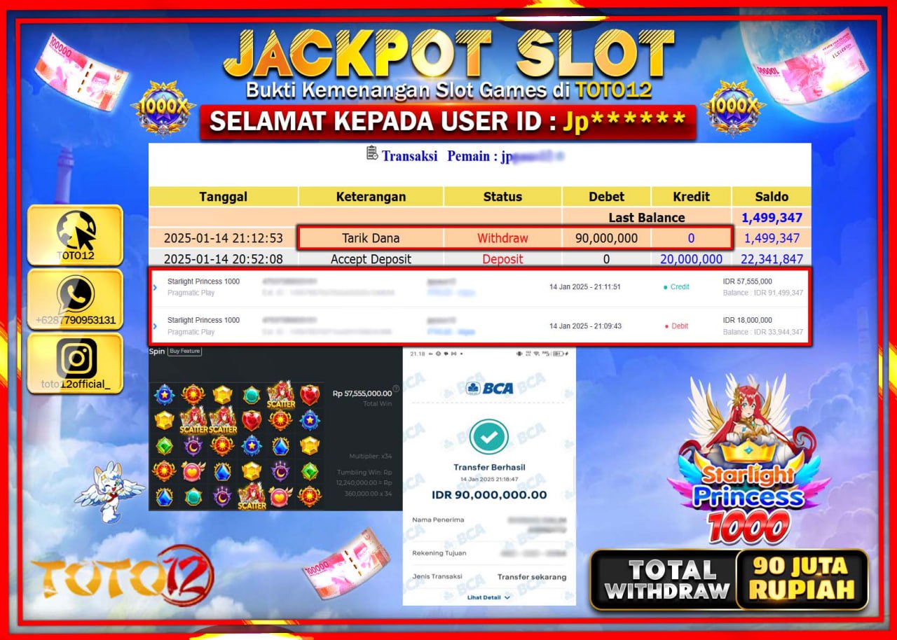 HANYA DI TOTO12 JP PASTI DI BAYAR LUNAS DAN CEPAT!!!!!! JACKPOT SLOT GAME (STARLIGHT PRINCESS 1000) Rp.90.000.000 !!!!