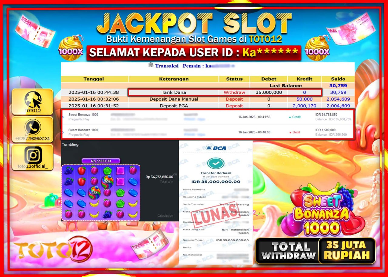 HANYA DI TOTO12 JP PASTI DI BAYAR LUNAS DAN CEPAT!!!!!! JACKPOT SLOT GAME (SWEET BONANZA 1000) Rp.35.000.000 !!!!