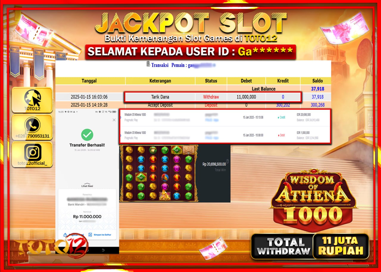 HANYA DI TOTO12 JP PASTI DI BAYAR LUNAS DAN CEPAT!!!!!! JACKPOT SLOT GAME (WISDOM OF ATHENA 1000) Rp.11.000.000 !!!!