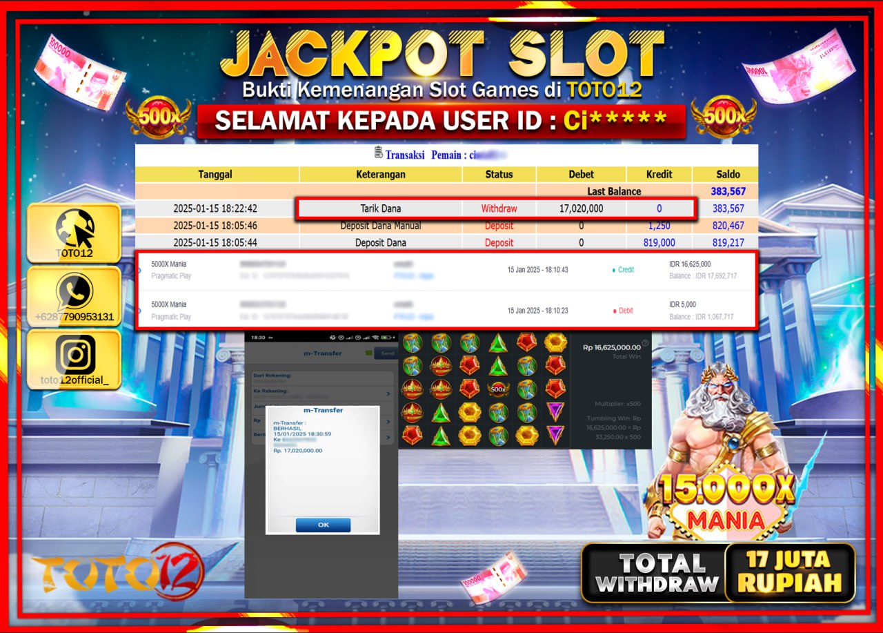 HANYA DI TOTO12 JP PASTI DI BAYAR LUNAS DAN CEPAT!!!!!! JACKPOT SLOT GAME (15.000X MANIA) Rp.17.000.000 !!!!