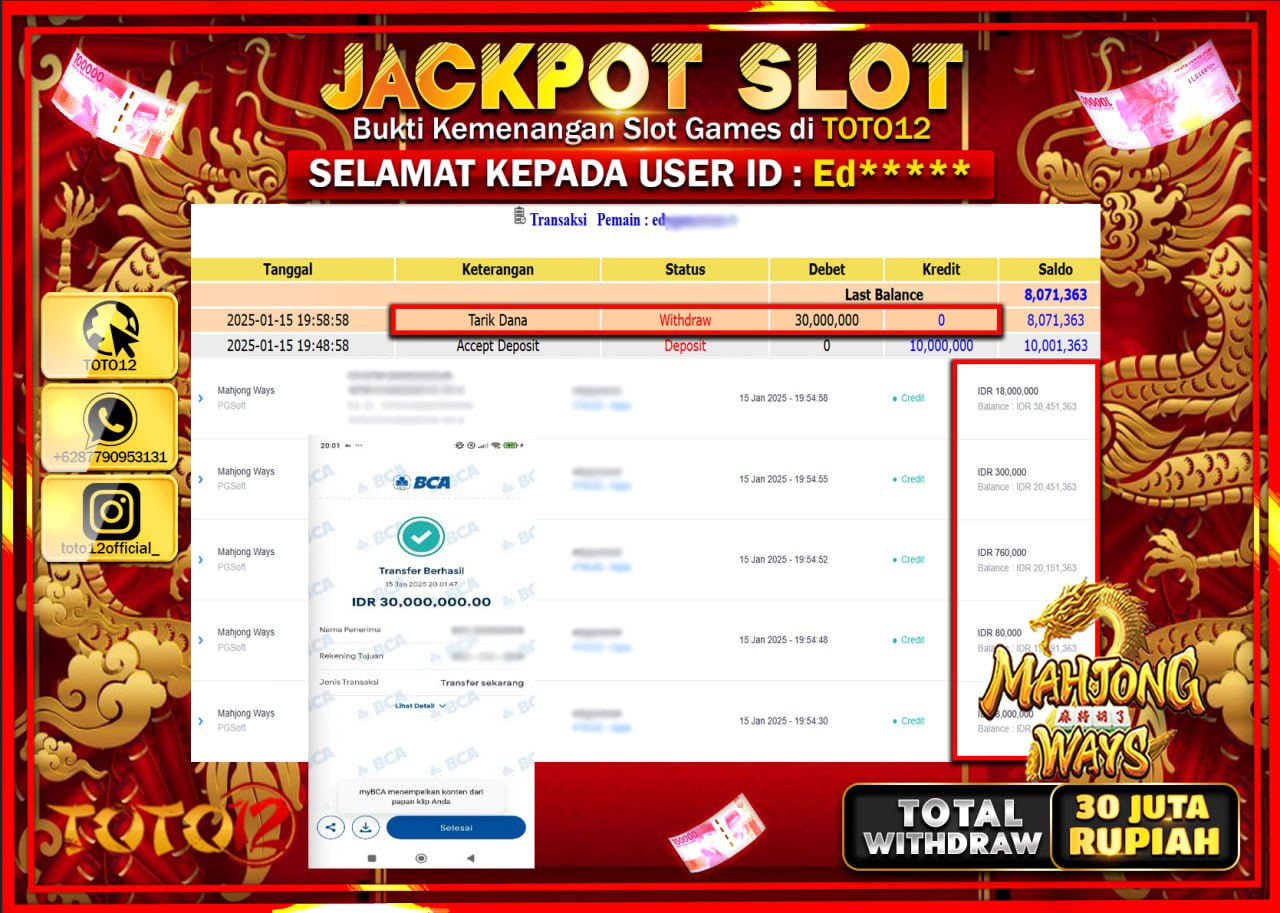 HANYA DI TOTO12 JP PASTI DI BAYAR LUNAS DAN CEPAT!!!!!! JACKPOT SLOT GAME (MAHJONG WAYS) Rp.30.000.000 !!!!