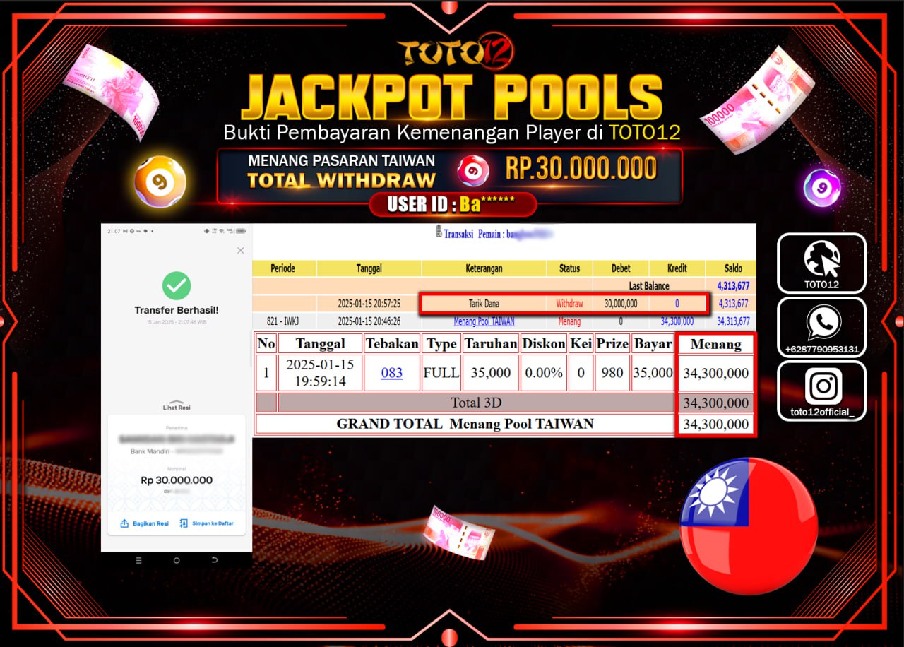 HANYA DI TOTO12 JP PASTI DI BAYAR LUNAS DAN CEPAT!!!!!! JACKPOT POOLS PASARAN (TAIWAN) Rp.30.000.000 !!!!