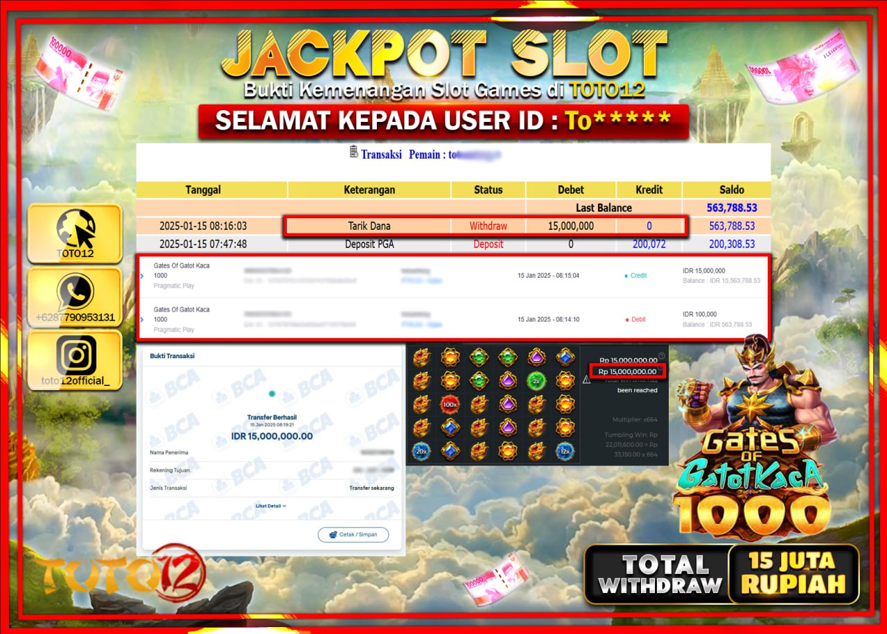 HANYA DI TOTO12 JP PASTI DI BAYAR LUNAS DAN CEPAT!!!!!! JACKPOT SLOT GAME (GATES OF GATOT KACA 1000) Rp.15.000.000 !!!!