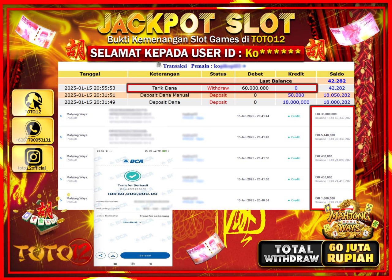 HANYA DI TOTO12 JP PASTI DI BAYAR LUNAS DAN CEPAT!!!!!! JACKPOT SLOT GAME (MAHJONG WAYS) Rp.60.000.000 !!!!