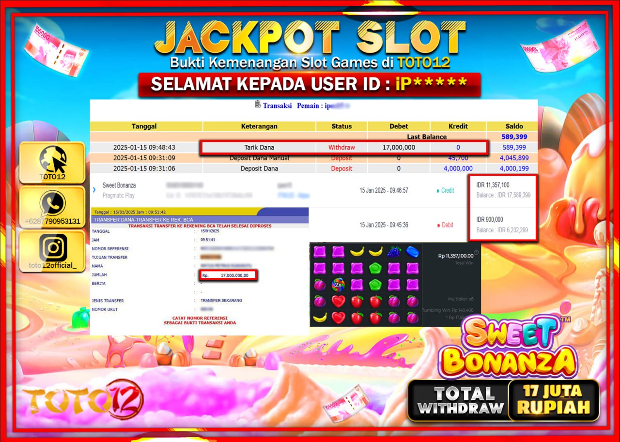 HANYA DI TOTO12 JP PASTI DI BAYAR LUNAS DAN CEPAT!!!!!! JACKPOT SLOT GAME (SWEET BONANZA) Rp.17.000.000 !!!!