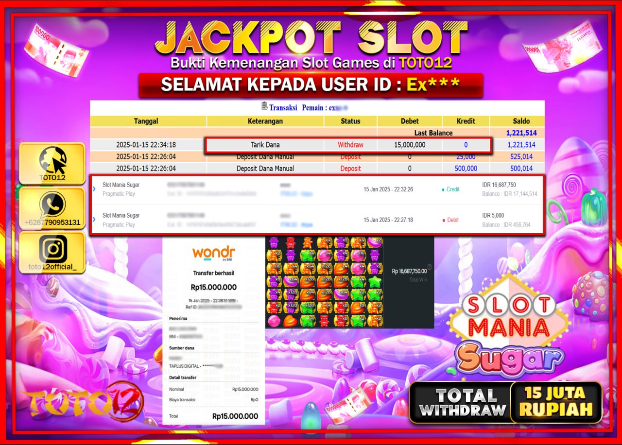 HANYA DI TOTO12 JP PASTI DI BAYAR LUNAS DAN CEPAT!!!!!! JACKPOT SLOT GAME (SLOT MANIA SUGAR) Rp.15.000.000 !!!!