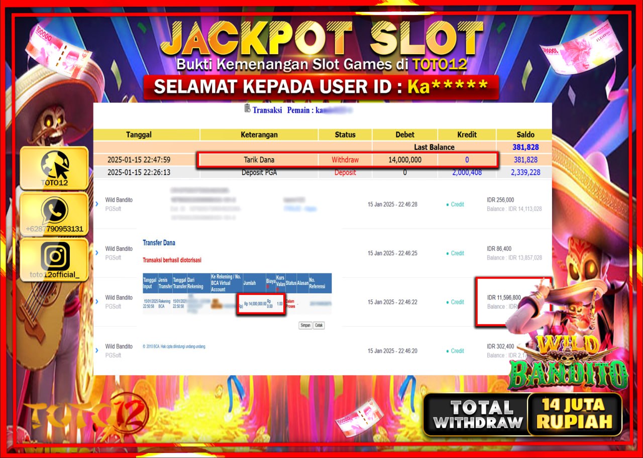HANYA DI TOTO12 JP PASTI DI BAYAR LUNAS DAN CEPAT!!!!!! JACKPOT SLOT GAME (WILD BANDITO) Rp.14.000.000 !!!!