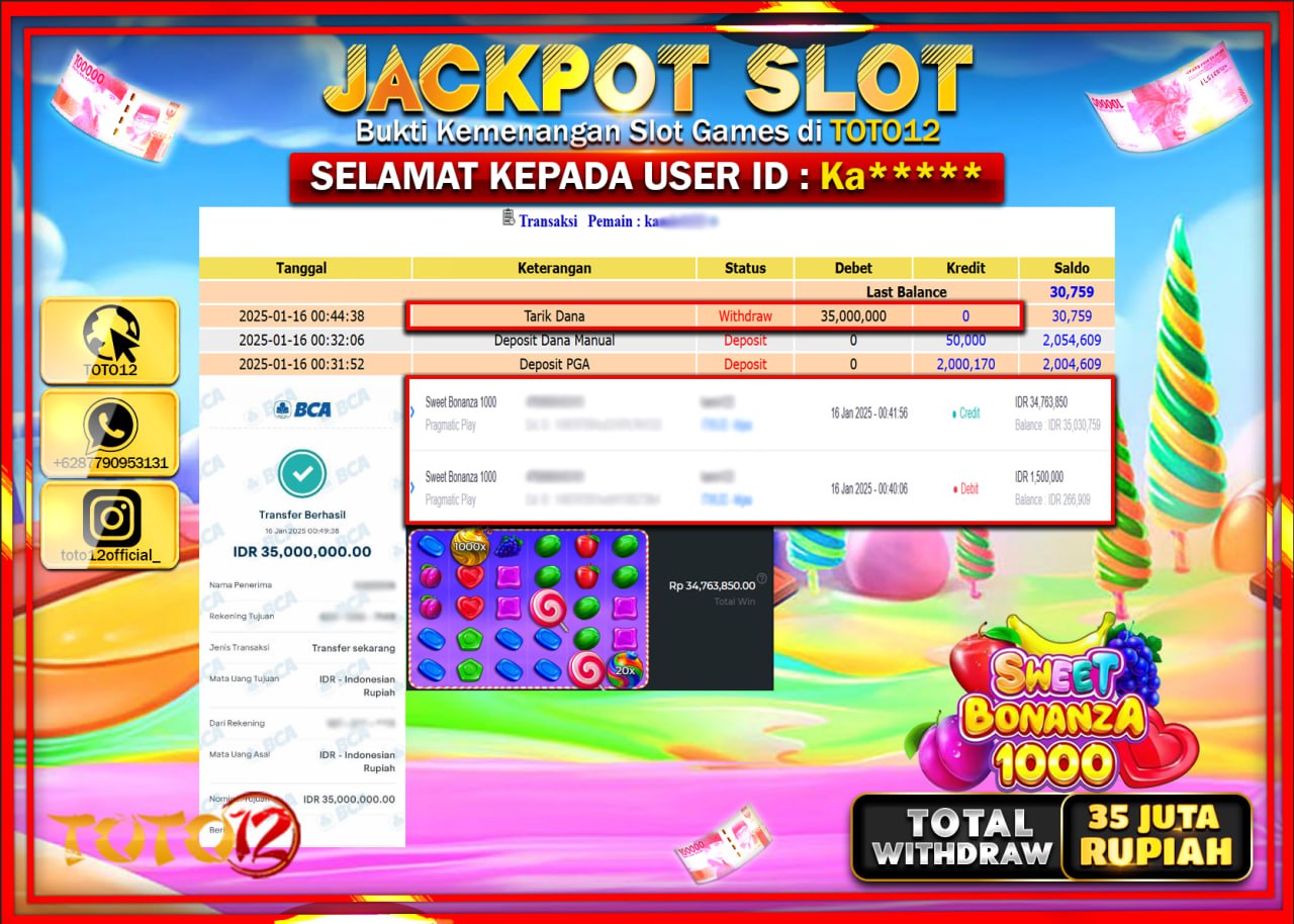 HANYA DI TOTO12 JP PASTI DI BAYAR LUNAS DAN CEPAT!!!!!! JACKPOT SLOT GAME (SWEET BONANZA 1000) Rp.35.000.000 !!!!