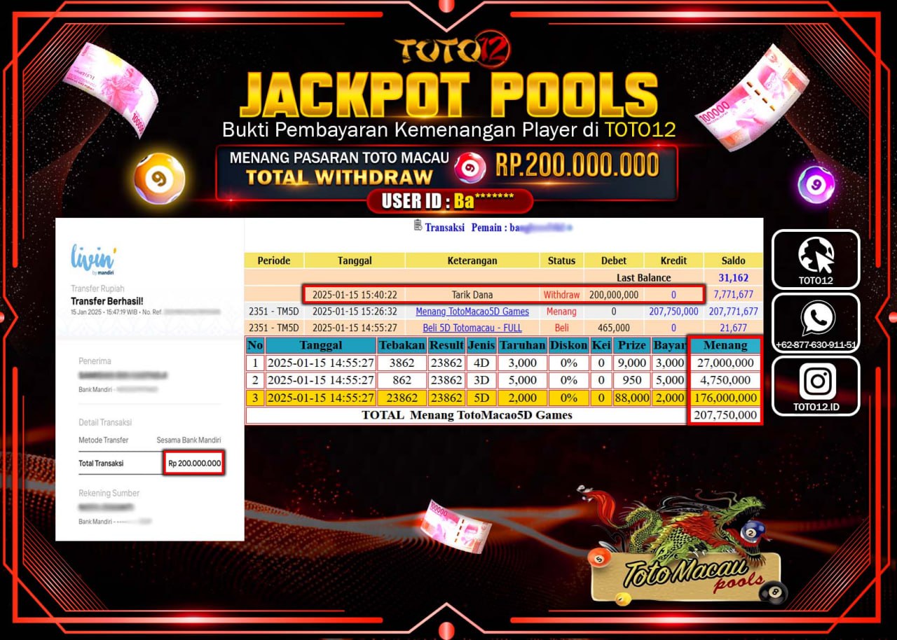 HANYA DI TOTO12 JP PASTI DI BAYAR LUNAS DAN CEPAT!!!!!! JACKPOT POOLS PASARAN (TOTO MACAU) Rp.200.000.000 !!!!