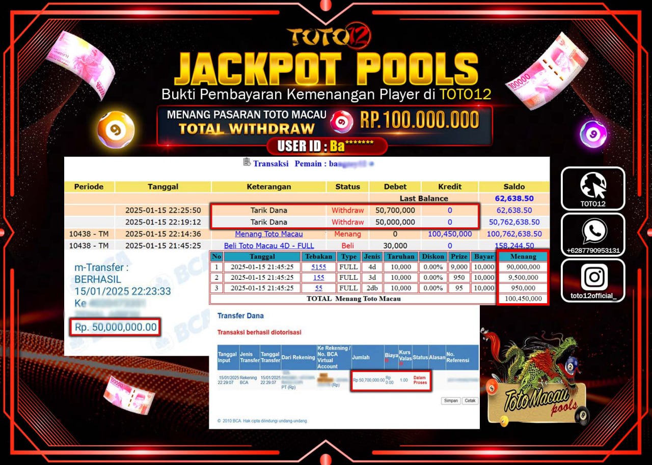 HANYA DI TOTO12 JP PASTI DI BAYAR LUNAS DAN CEPAT!!!!!! JACKPOT POOLS PASARAN (TOTO MACAU) Rp.100.000.000 !!!!