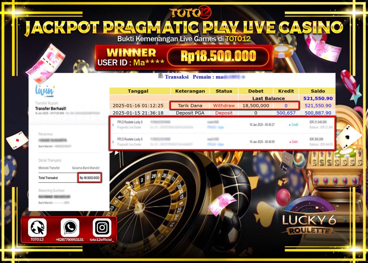 HANYA DI TOTO12 JP PASTI DI BAYAR LUNAS DAN CEPAT!!!!!! JACKPOT PRAGMATIC PLAY LIVE CASINO (ROULETTE LUCKY 6) Rp.18.500.000 !!!!