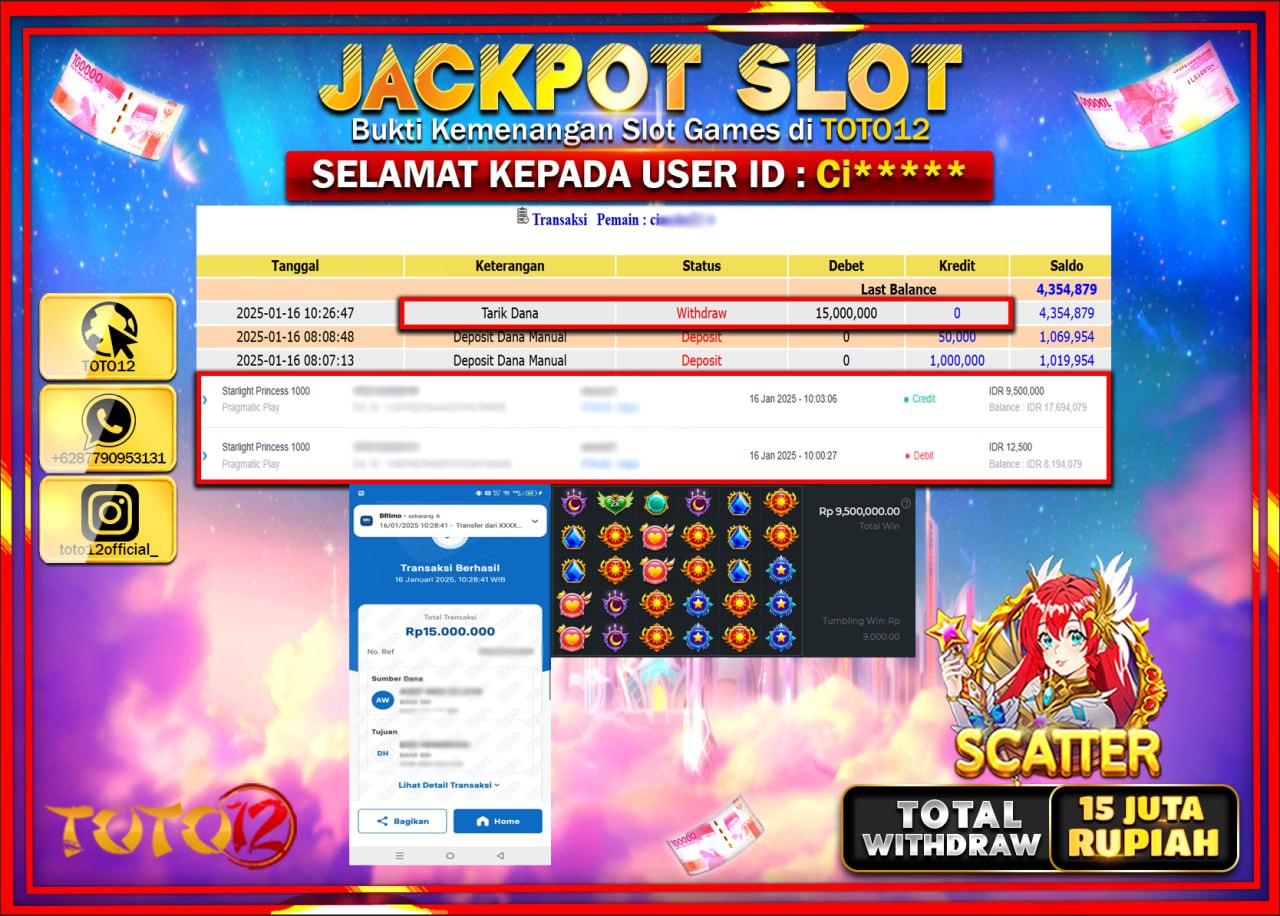 HANYA DI TOTO12 JP PASTI DI BAYAR LUNAS DAN CEPAT!!!!!! JACKPOT SLOT GAME (STARLIGHT PRINCESS 1000) Rp.15.000.000 !!!!