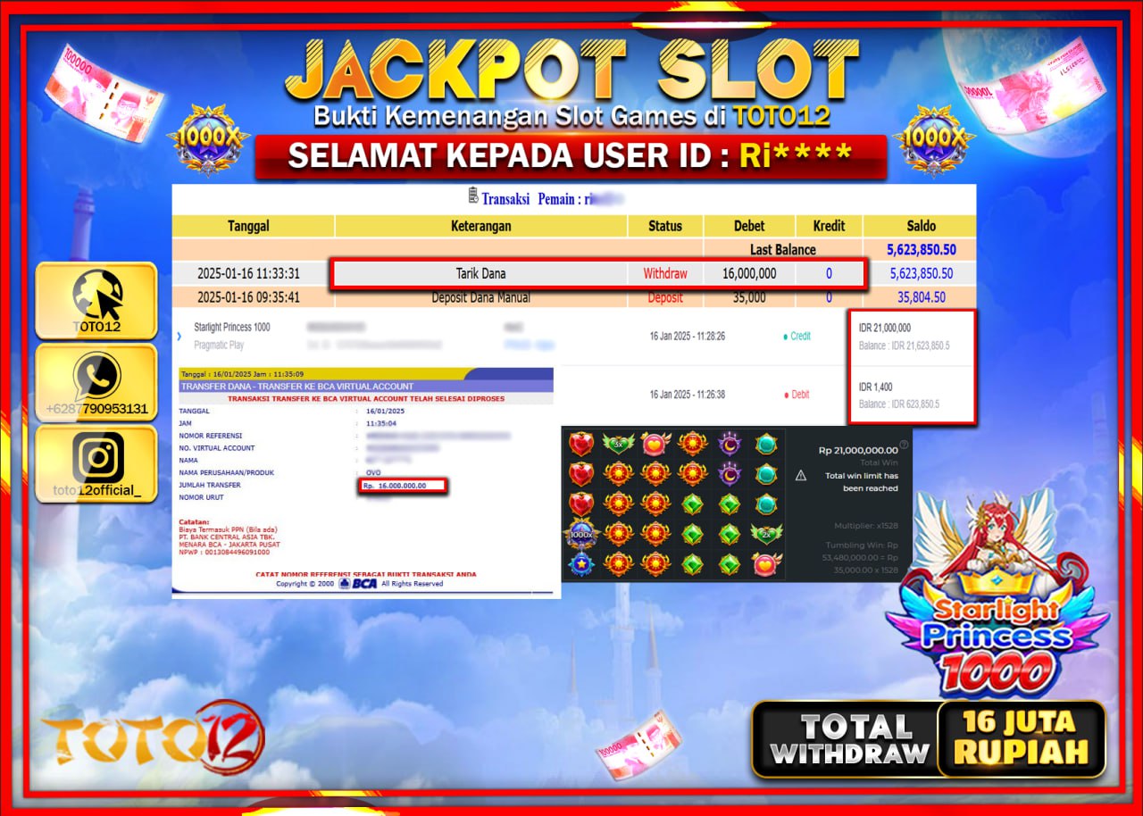 HANYA DI TOTO12 JP PASTI DI BAYAR LUNAS DAN CEPAT!!!!!! JACKPOT SLOT GAME (STARLIGHT PRINCESS 1000) Rp.16.000.000 !!!!