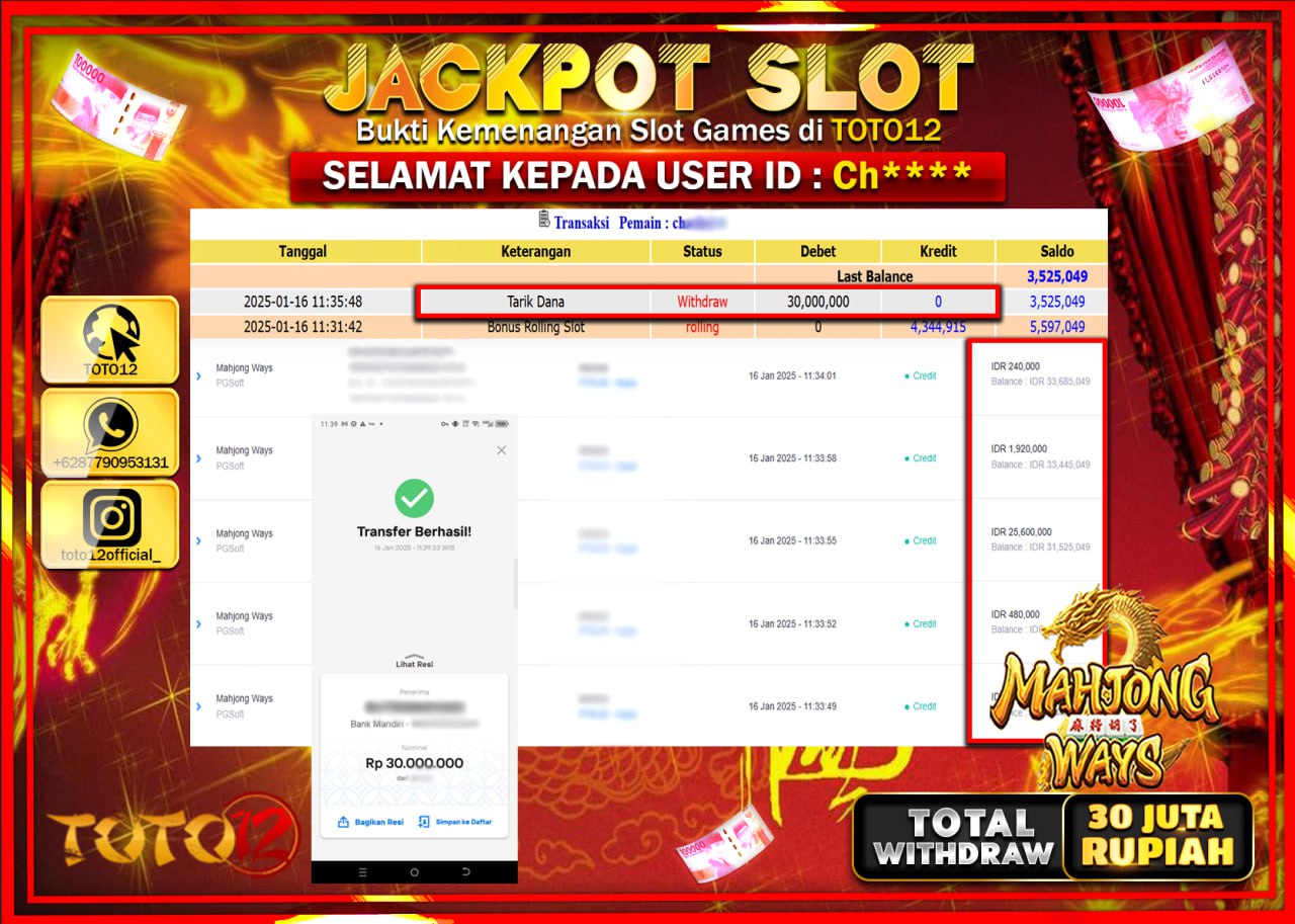 HANYA DI TOTO12 JP PASTI DI BAYAR LUNAS DAN CEPAT!!!!!! JACKPOT SLOT GAME (MAHJONG WAYS) Rp.30.000.000 !!!!
