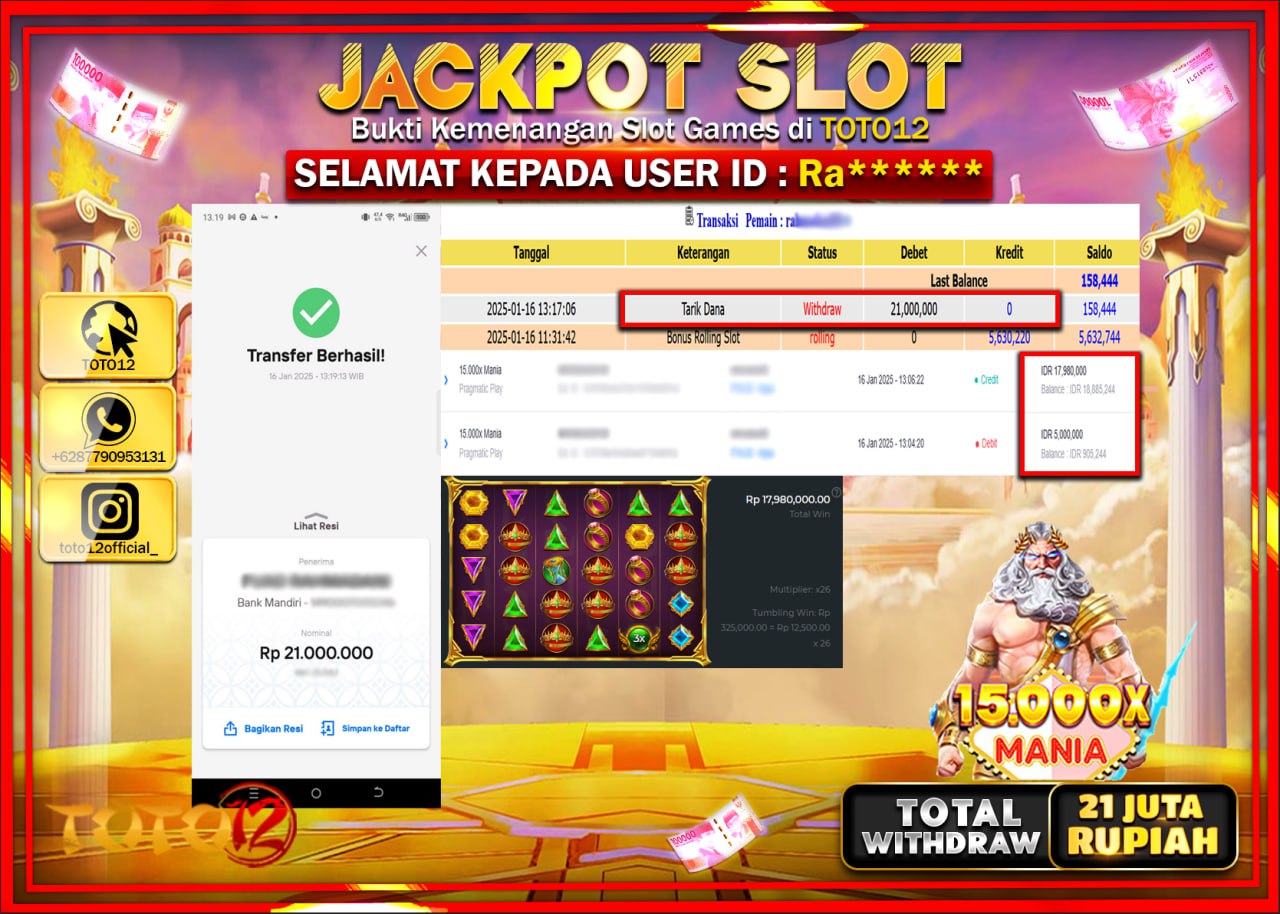 HANYA DI TOTO12 JP PASTI DI BAYAR LUNAS DAN CEPAT!!!!!! JACKPOT SLOT GAME (15.000X MANIA) Rp.21.000.000 !!!!