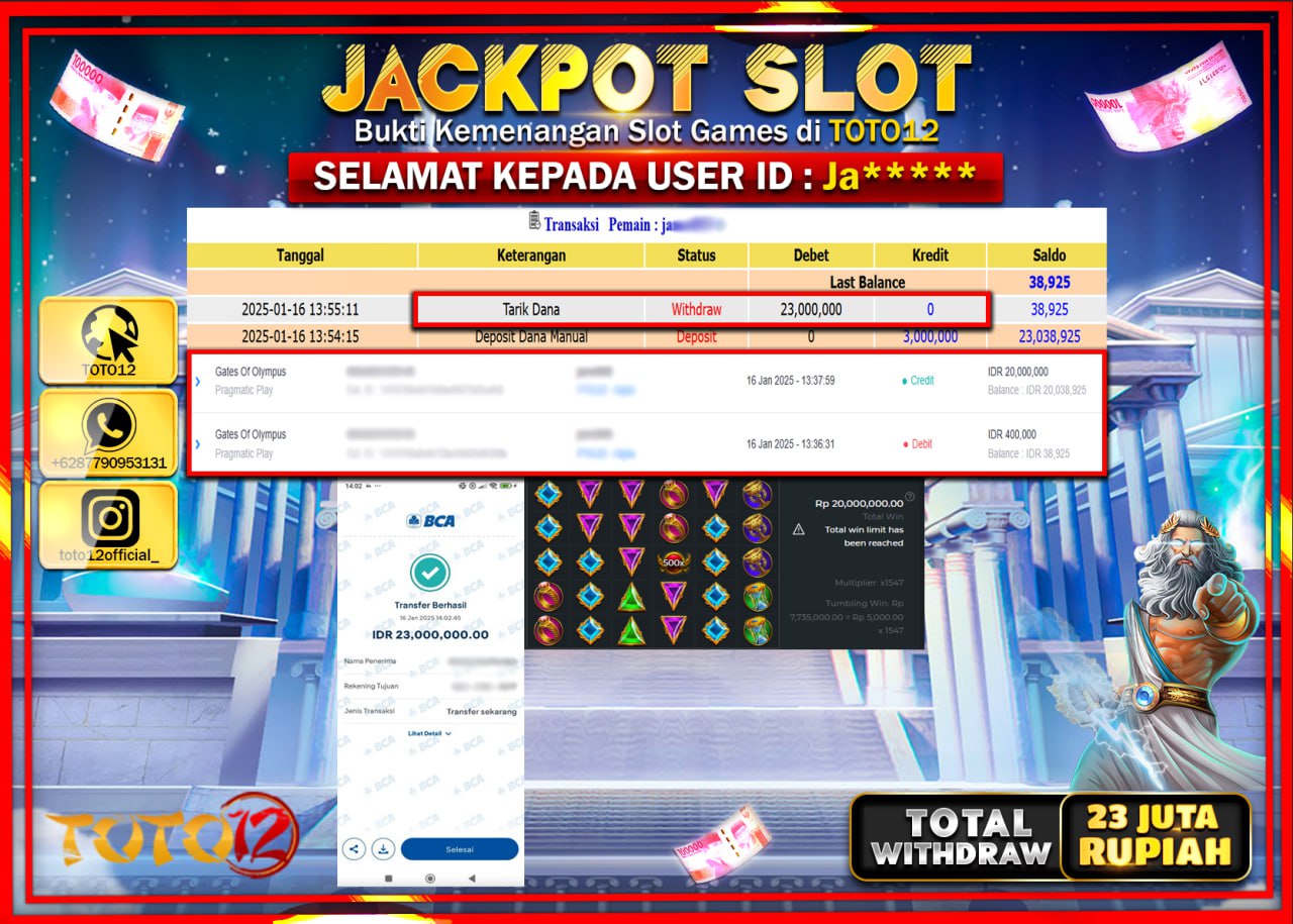HANYA DI TOTO12 JP PASTI DI BAYAR LUNAS DAN CEPAT!!!!!! JACKPOT SLOT GAME (GATES OF OLYMPUS) Rp.23.000.000 !!!!