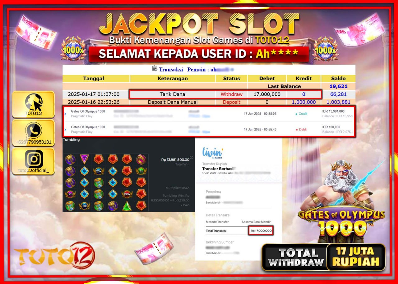 HANYA DI TOTO12 JP PASTI DI BAYAR LUNAS DAN CEPAT!!!!!! JACKPOT SLOT GAME (GATES OF OLYMPUS 1000) Rp.17.000.000 !!!!