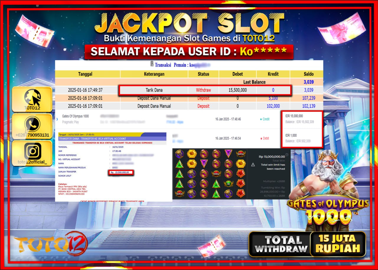 HANYA DI TOTO12 JP PASTI DI BAYAR LUNAS DAN CEPAT!!!!!! JACKPOT SLOT GAME (GATES OF OLYMPUS 1000) Rp.15.000.000 !!!!
