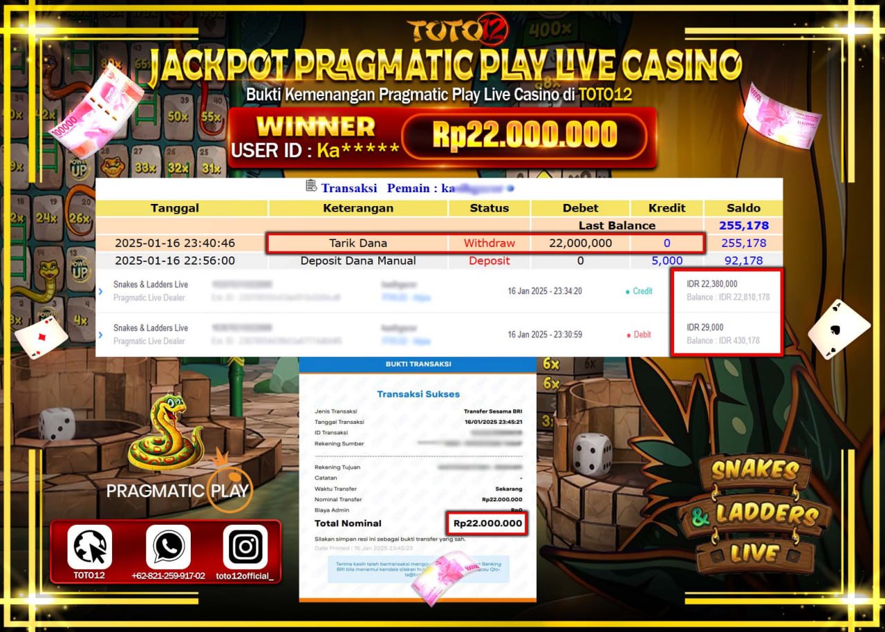 HANYA DI TOTO12 JP PASTI DI BAYAR LUNAS DAN CEPAT!!!!!! JACKPOT SLOT GAME (SNAKES & LADDERS LIVE) Rp.22.000.000 !!!!