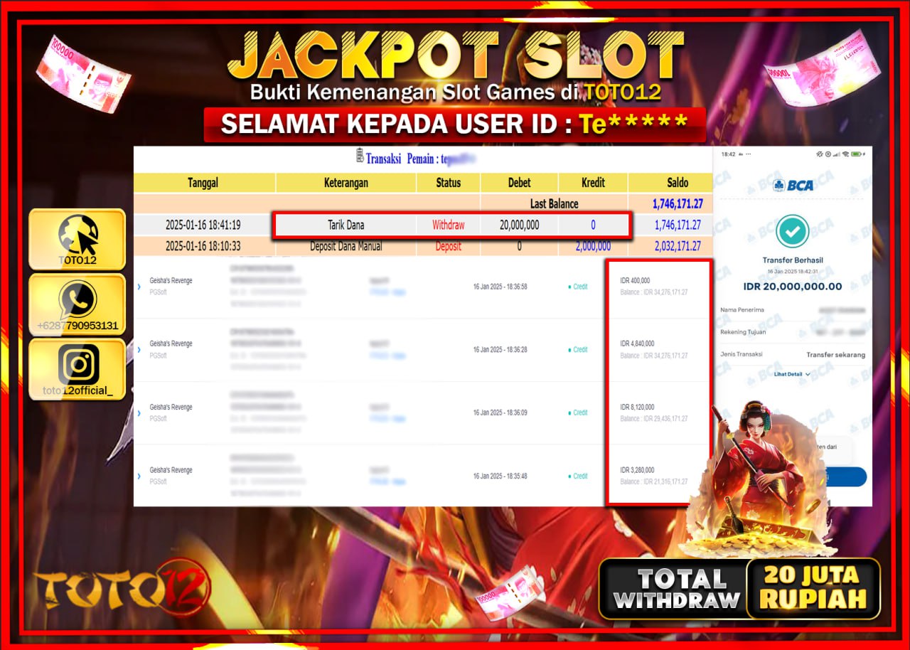 HANYA DI TOTO12 JP PASTI DI BAYAR LUNAS DAN CEPAT!!!!!! JACKPOT SLOT GAME (GEISHAS REVENGE) Rp.20.000.000 !!!!