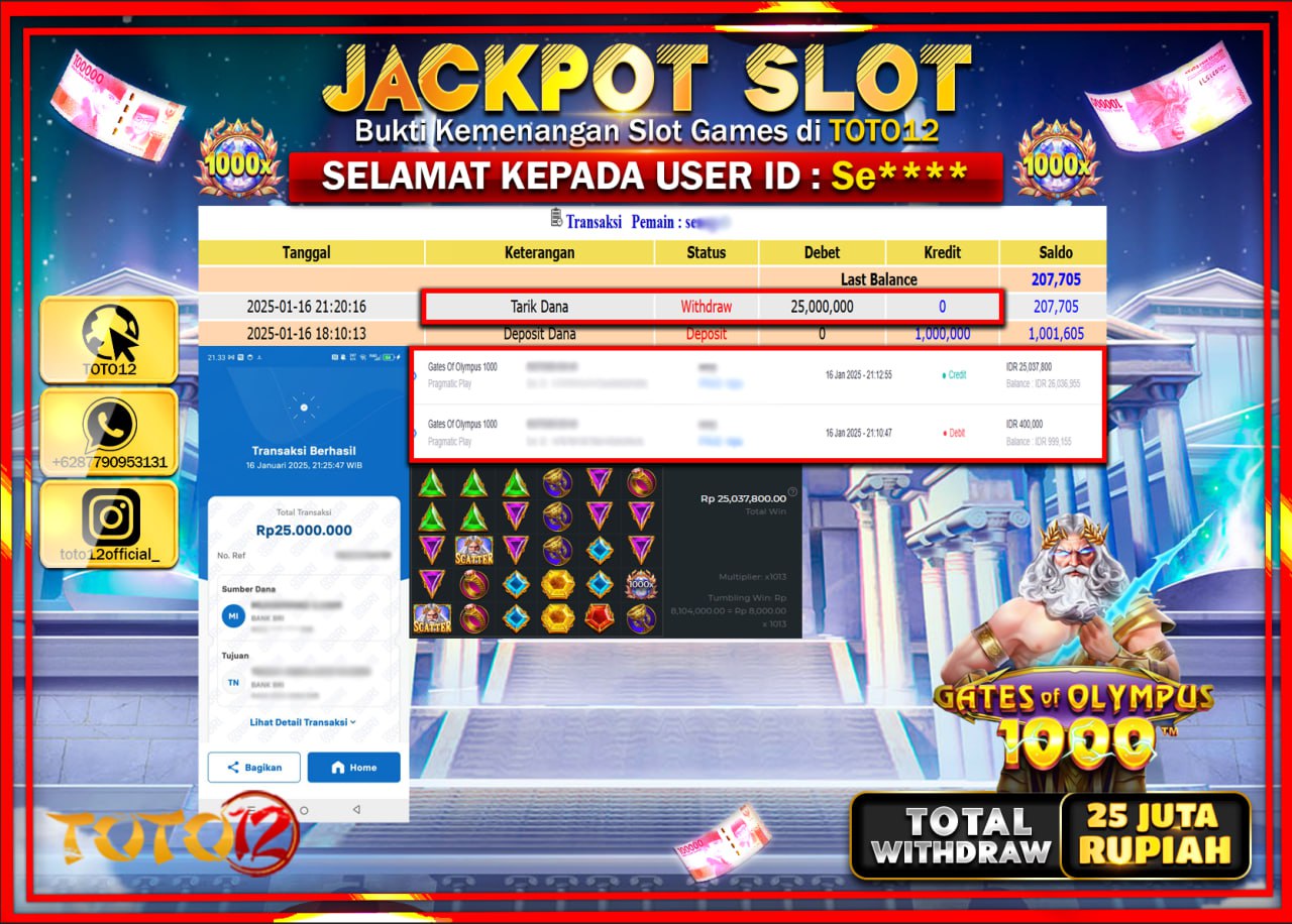 HANYA DI TOTO12 JP PASTI DI BAYAR LUNAS DAN CEPAT!!!!!! JACKPOT SLOT GAME (GATES OF OLYMPUS 1000) Rp.25.000.000 !!!!