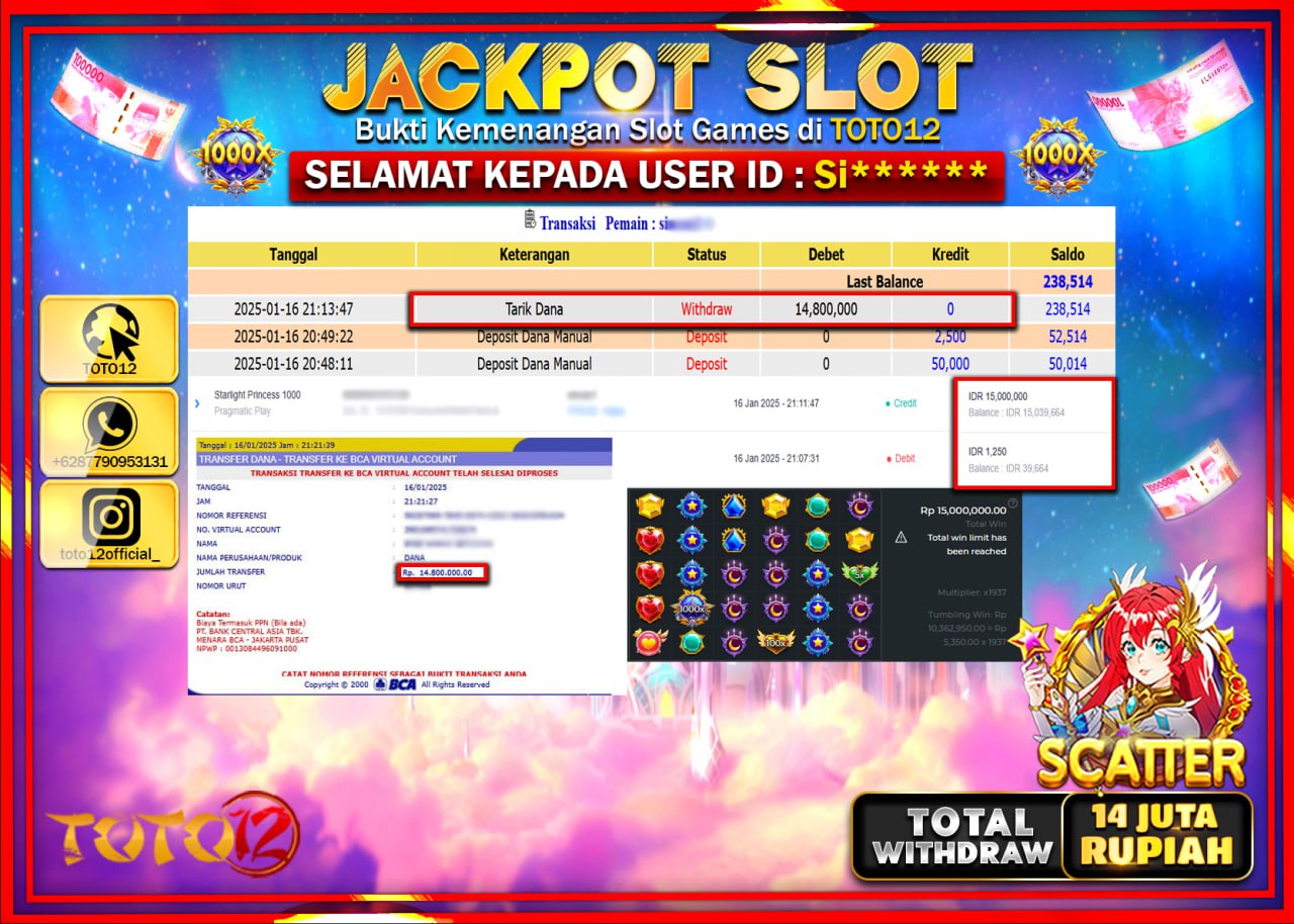 HANYA DI TOTO12 JP PASTI DI BAYAR LUNAS DAN CEPAT!!!!!! JACKPOT SLOT GAME (STARLIGHT PRINCESS 1000) Rp.14.000.000 !!!!