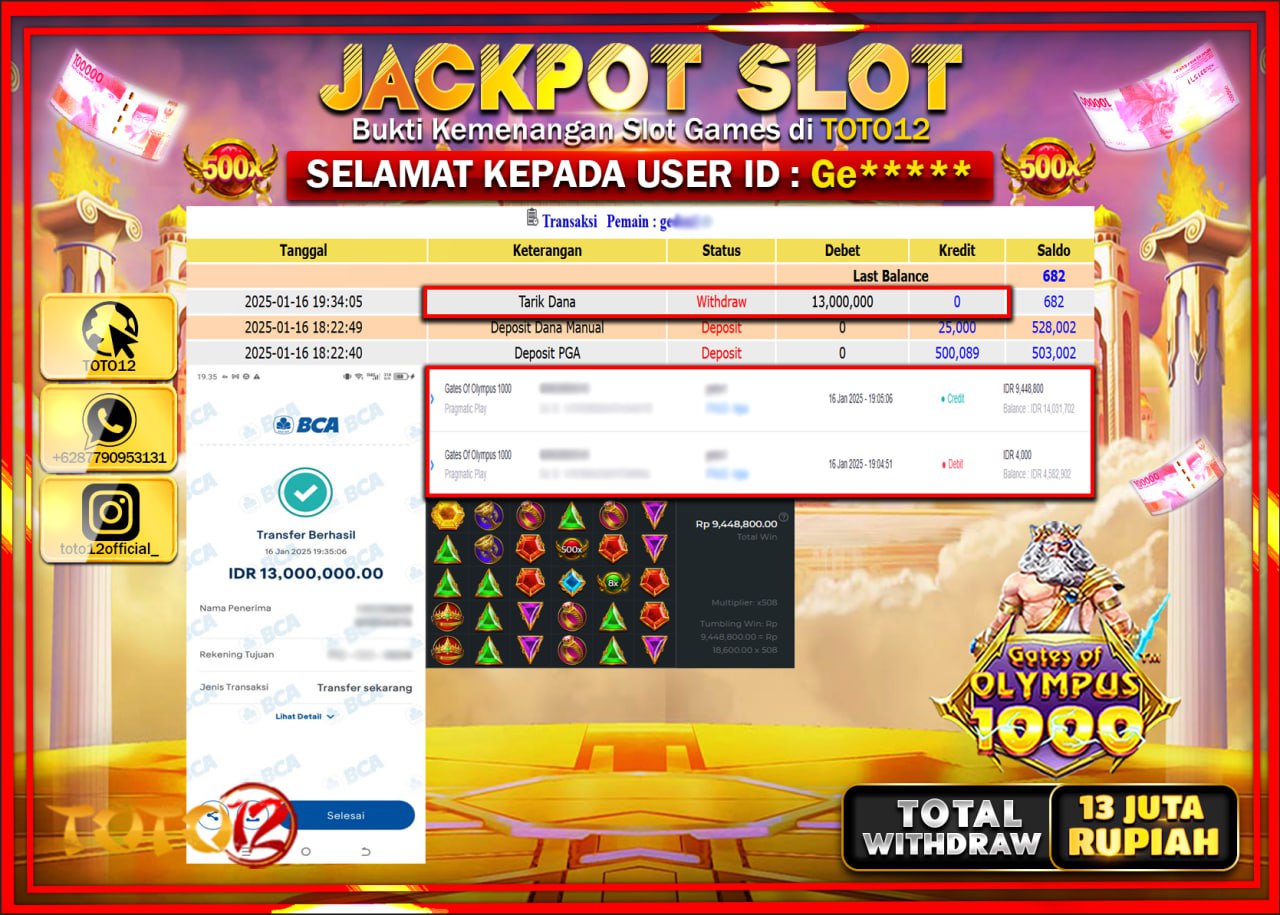 HANYA DI TOTO12 JP PASTI DI BAYAR LUNAS DAN CEPAT!!!!!! JACKPOT SLOT GAME (GATES OF OLYMPUS 1000) Rp.13.000.000 !!!!