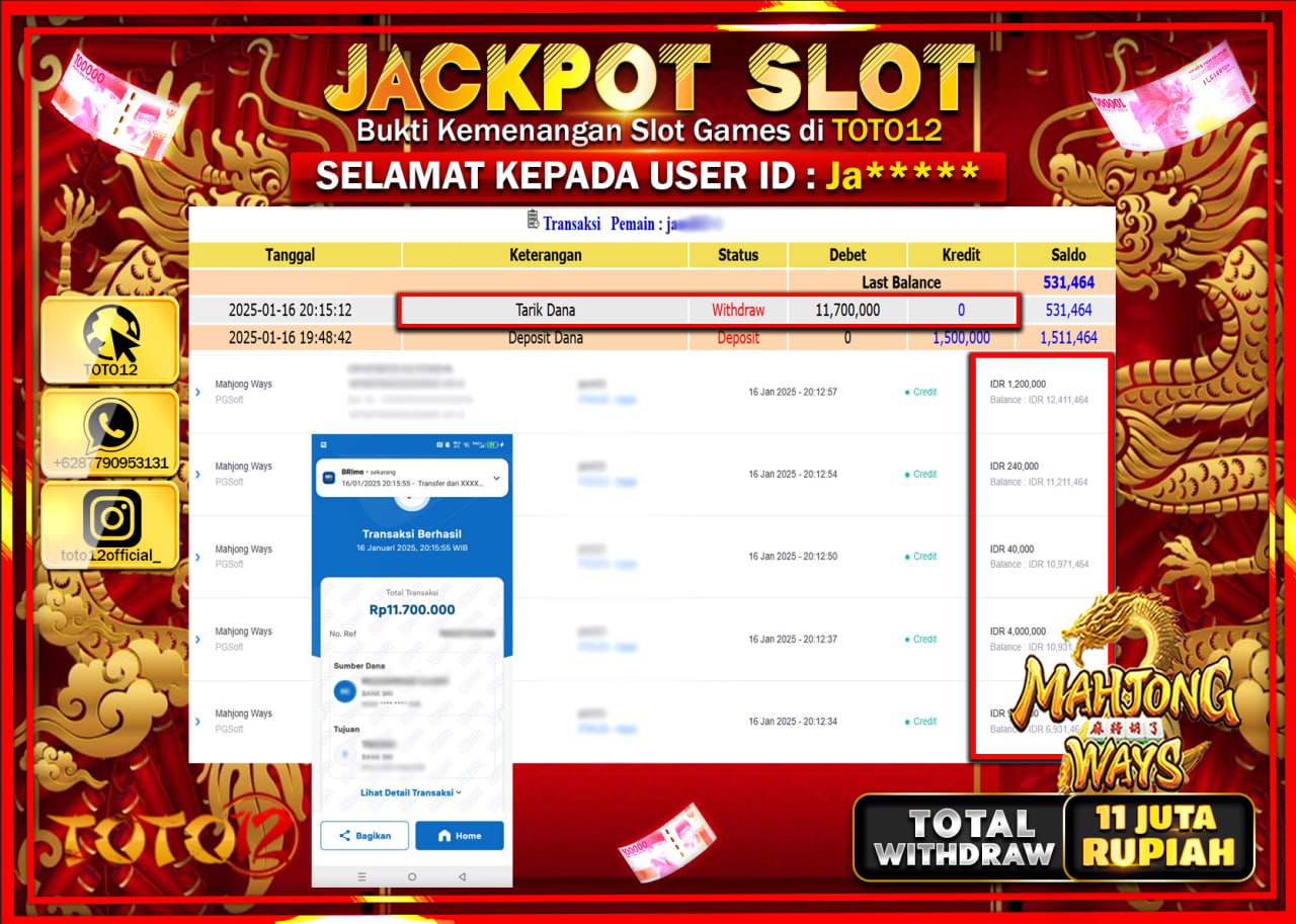 HANYA DI TOTO12 JP PASTI DI BAYAR LUNAS DAN CEPAT!!!!!! JACKPOT SLOT GAME (MAHJONG WAYS) Rp.11.000.000 !!!!