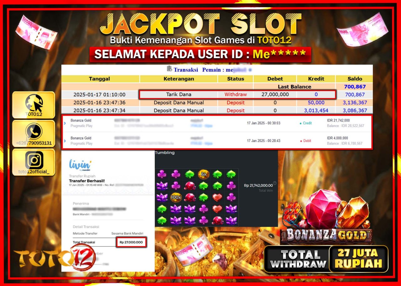 HANYA DI TOTO12 JP PASTI DI BAYAR LUNAS DAN CEPAT!!!!!! JACKPOT SLOT GAME (BONANZA GOLD) Rp.27.000.000 !!!!