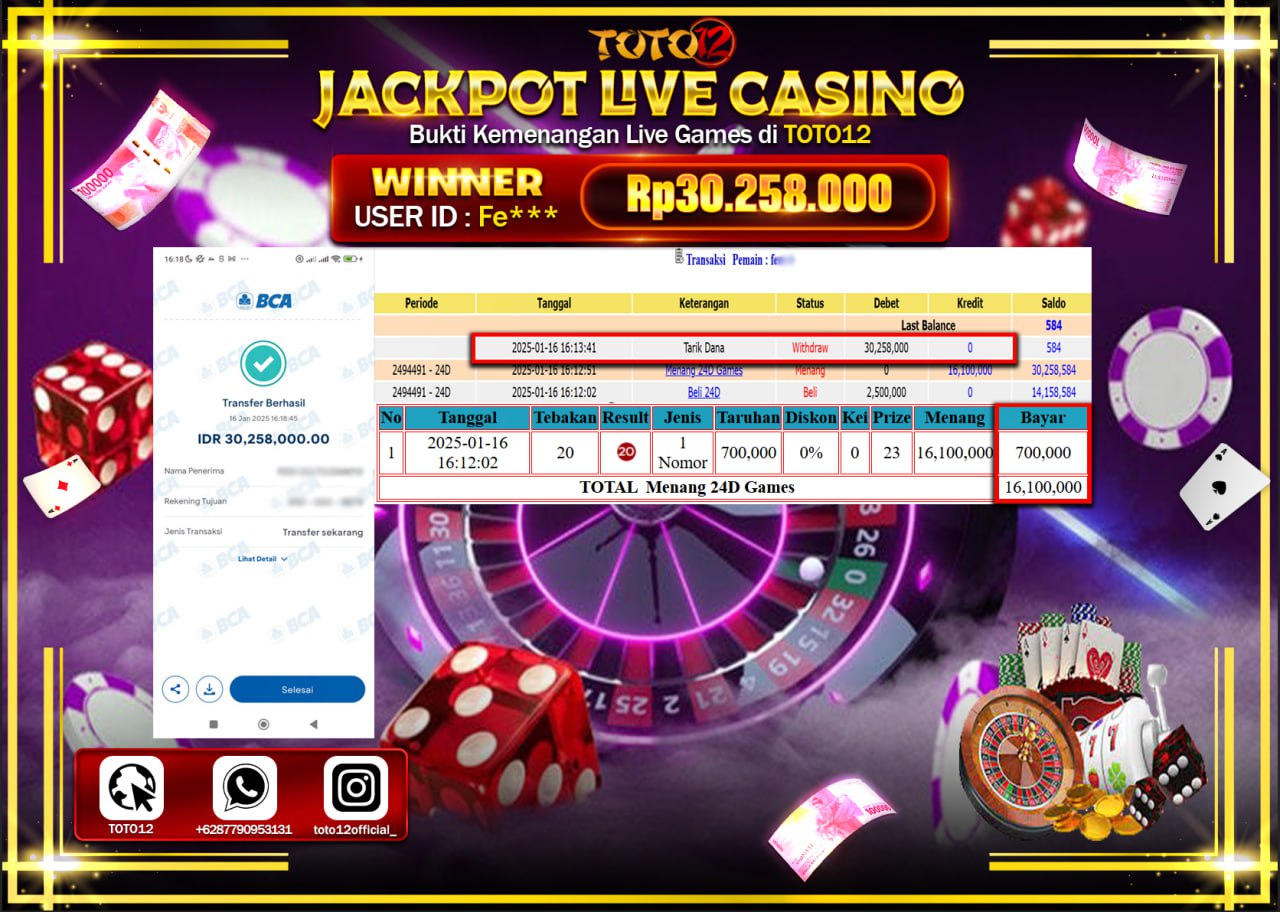 HANYA DI TOTO12 JP PASTI DI BAYAR LUNAS DAN CEPAT!!!!!! JACKPOT LIVE GAMES CASINO (24D) Rp.30.258.000 !!!!