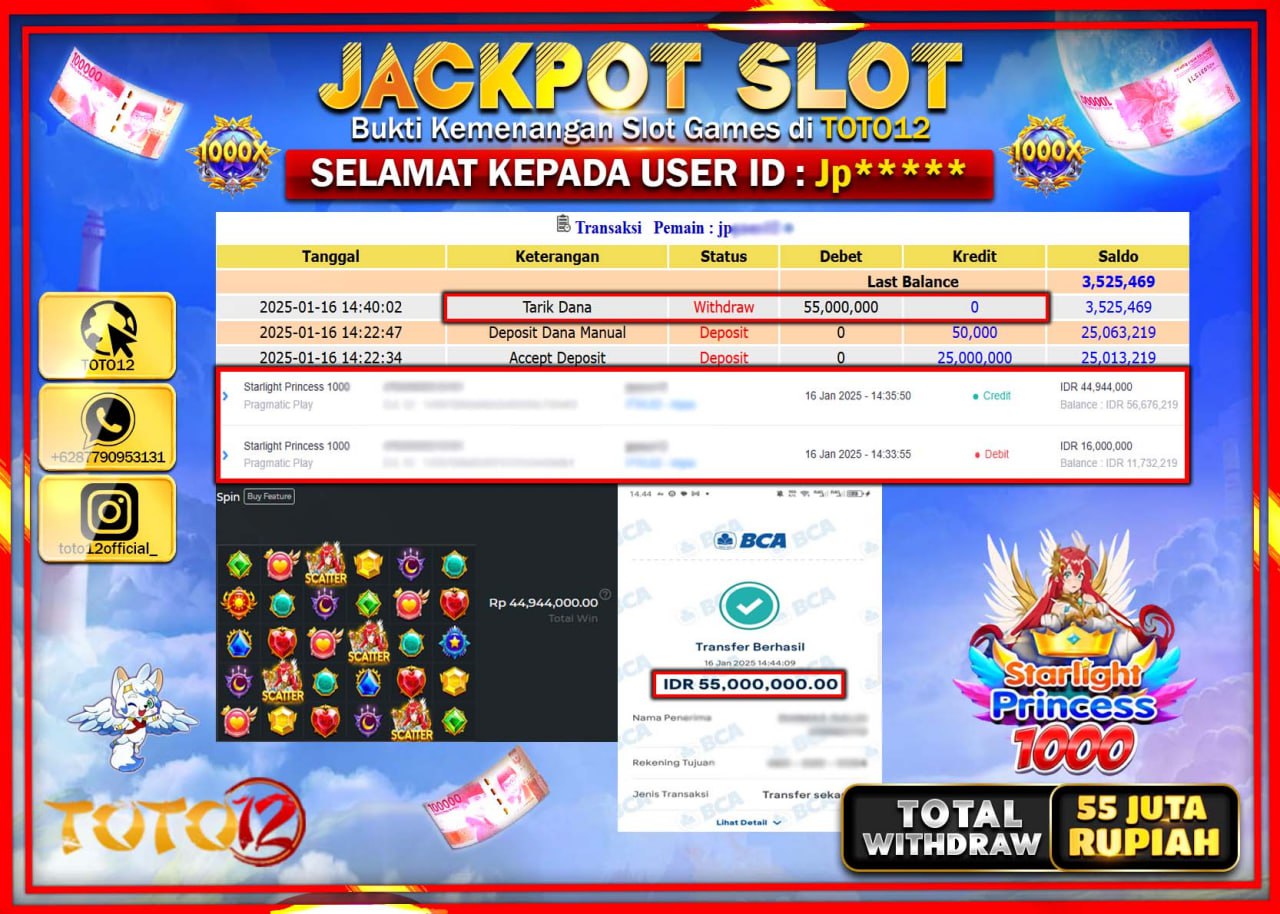 HANYA DI TOTO12 JP PASTI DI BAYAR LUNAS DAN CEPAT!!!!!! JACKPOT SLOT GAME (STARLIGHT PRINCESS 1000) Rp.55.000.000 !!!!