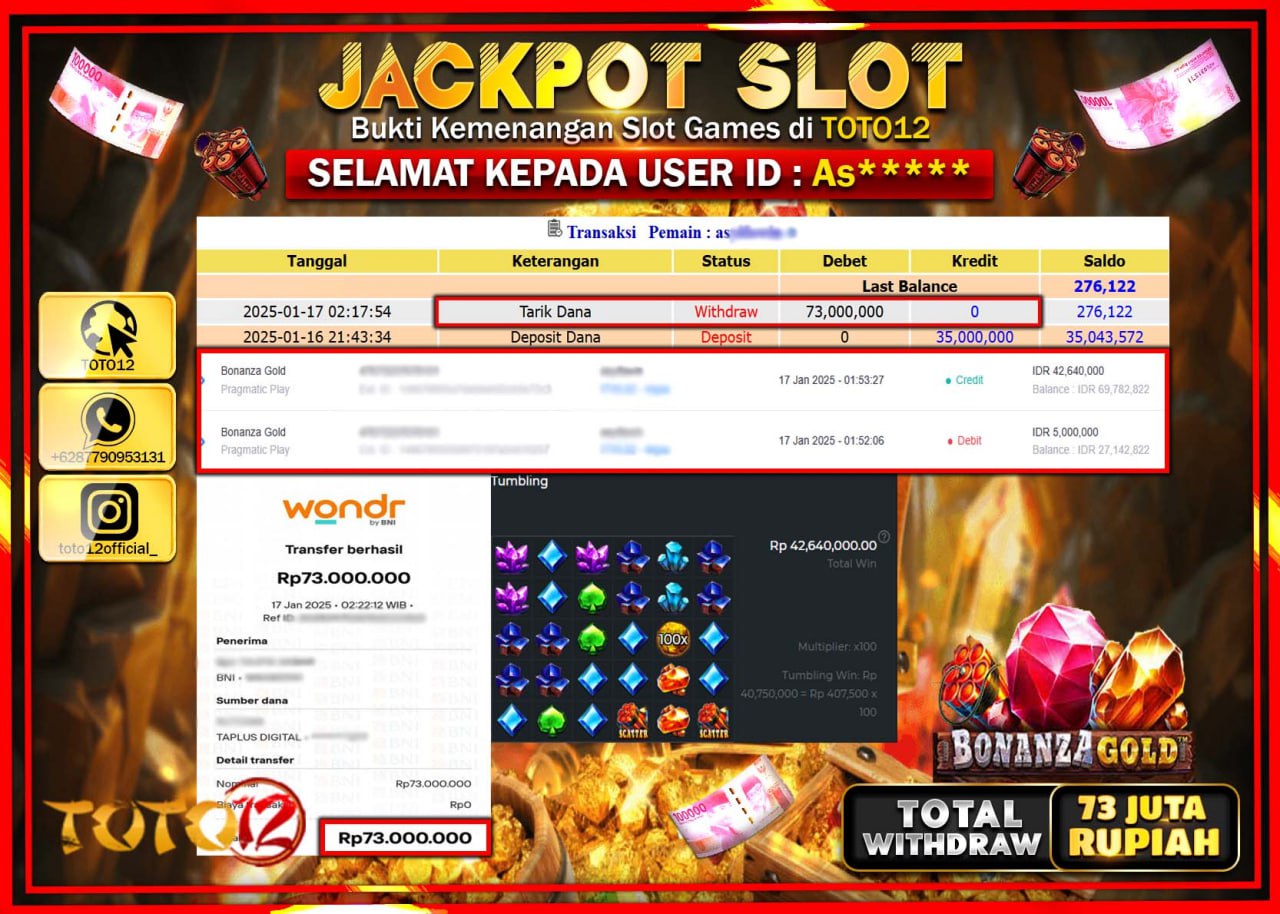HANYA DI TOTO12 JP PASTI DI BAYAR LUNAS DAN CEPAT!!!!!! JACKPOT SLOT GAME (BONANZA GOLD) Rp.73.000.000 !!!!