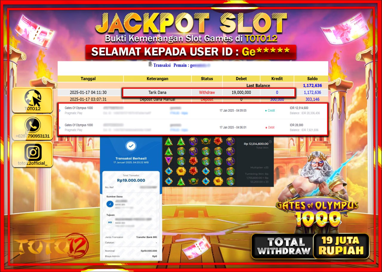 HANYA DI TOTO12 JP PASTI DI BAYAR LUNAS DAN CEPAT!!!!!! JACKPOT SLOT GAME (GATES OF OLYMPUS 1000) Rp.19.000.000 !!!!