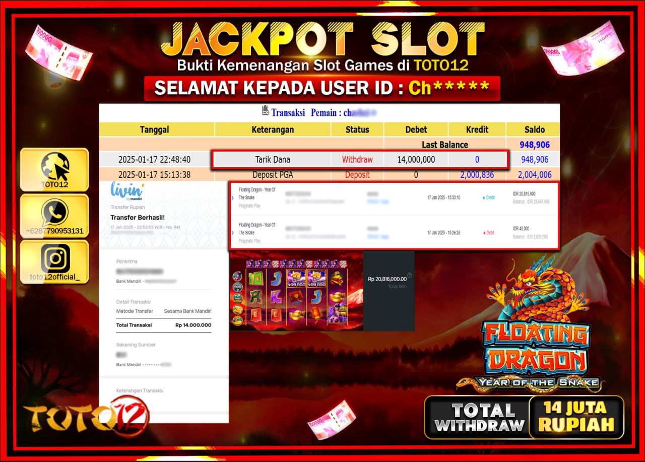 HANYA DI TOTO12 JP PASTI DI BAYAR LUNAS DAN CEPAT!!!!!! JACKPOT SLOT GAME (FLOATING DRAGON YEAR OF THE SNAKE) Rp.14.000.000 !!!!