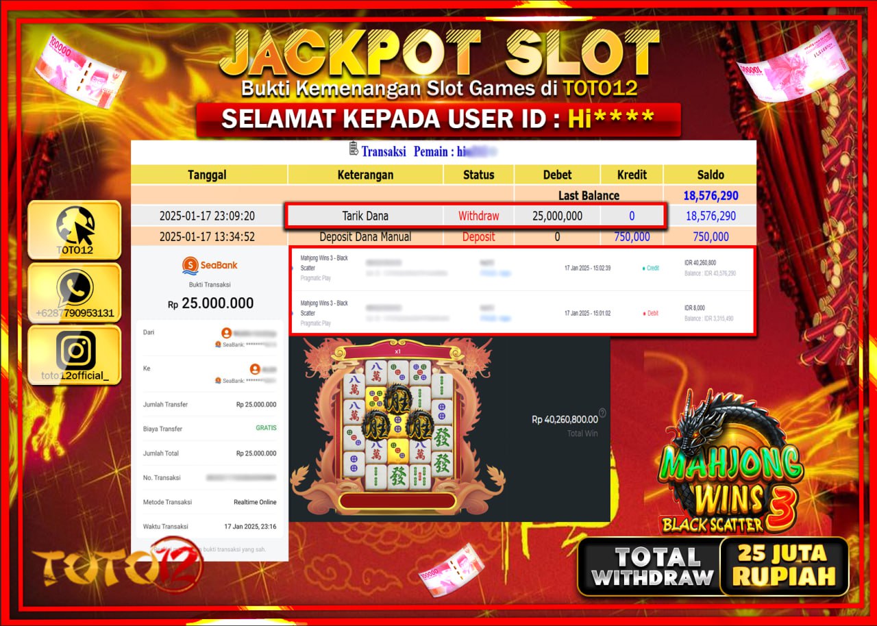 HANYA DI TOTO12 JP PASTI DI BAYAR LUNAS DAN CEPAT!!!!!! JACKPOT SLOT GAME (MAHJONG WINS 3 BLACK SCATTER) Rp.25.000.000 !!!!