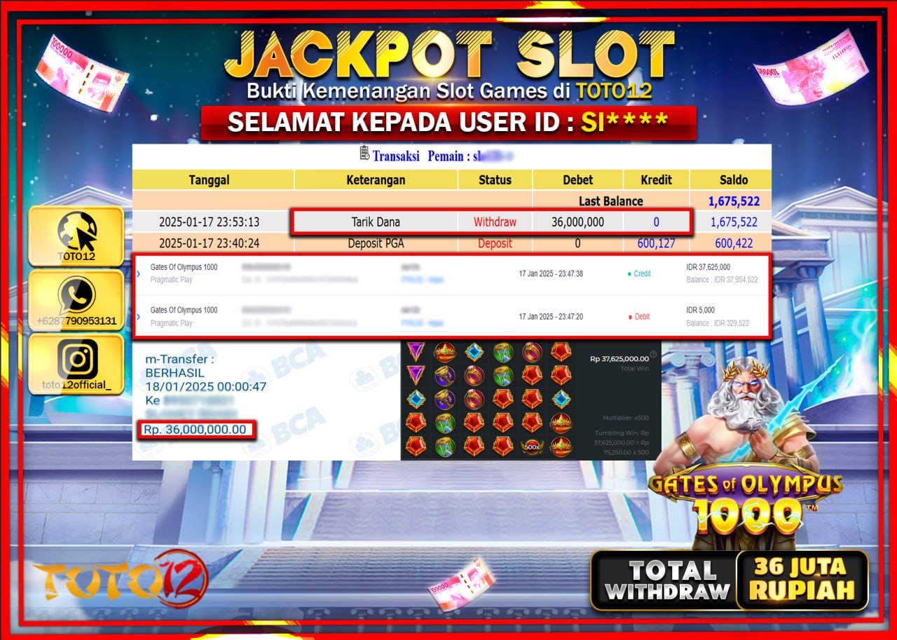 HANYA DI TOTO12 JP PASTI DI BAYAR LUNAS DAN CEPAT!!!!!! JACKPOT SLOT GAME (GATES OF OLYMPUS 1000) Rp.36.000.000 !!!!