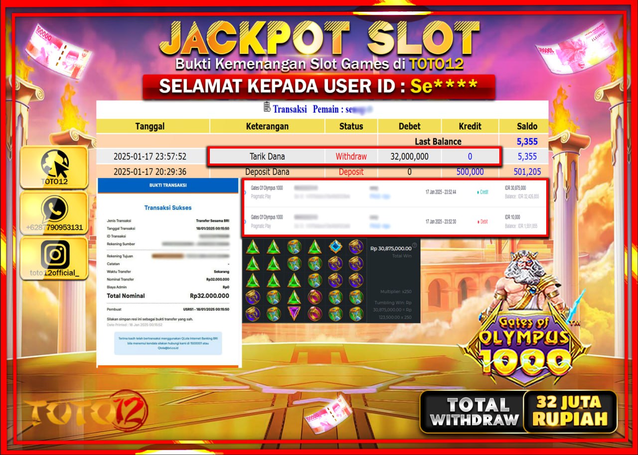 HANYA DI TOTO12 JP PASTI DI BAYAR LUNAS DAN CEPAT!!!!!! JACKPOT SLOT GAME (GATES OF OLYMPUS 1000) Rp.32.000.000 !!!!