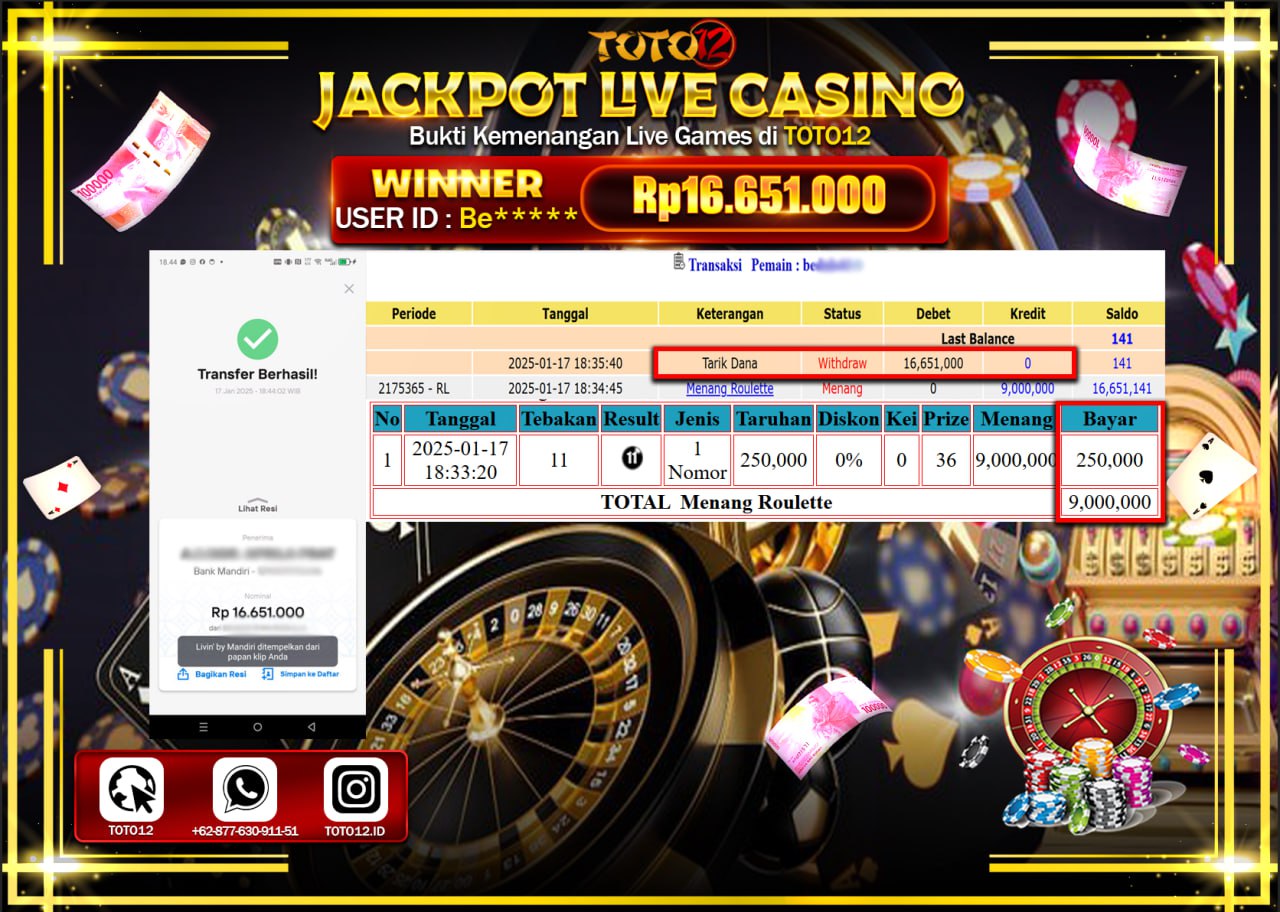 HANYA DI TOTO12 JP PASTI DI BAYAR LUNAS DAN CEPAT!!!!!! JACKPOT LIVE GAMES CASINO (ROULETTE) Rp.16.651.000 !!!!